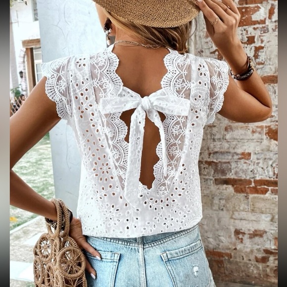 White eyelet Floral Sheer Lace Back Tie Top Blouse Shirt Boho - Picture 6 of 7